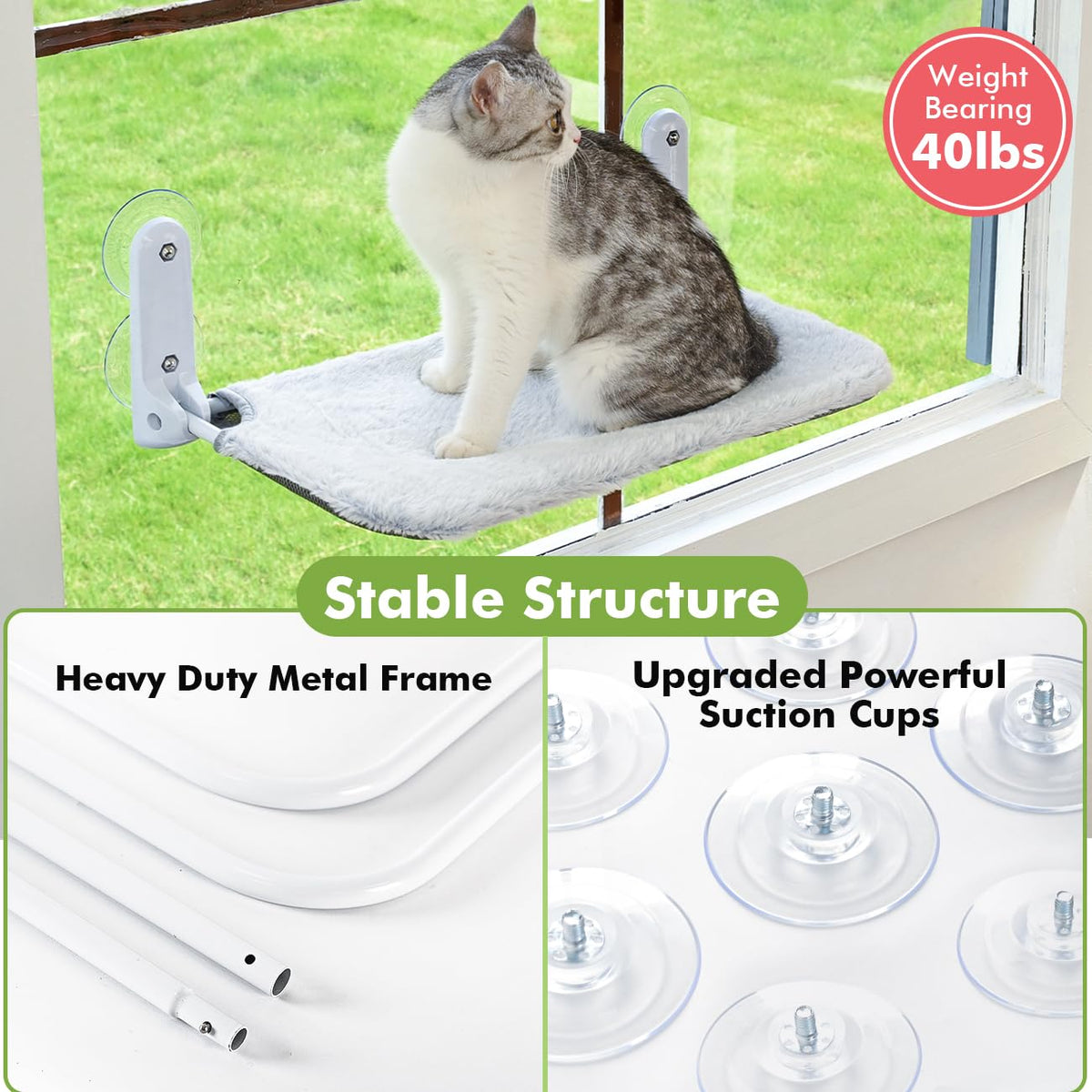 Zoratoo 2PC Cat Window Perch Cordless Foldable Hammock Bed for Window with Metal Frame and Reversible Cover, Large Suction Cups Window Resting Seat for Indoor Cats (Cat Bed, M-2PC)