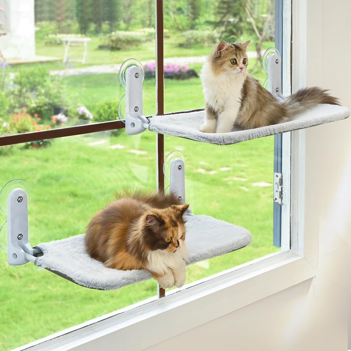 Zoratoo 2PC Cat Window Perch Cordless Foldable Hammock Bed for Window with Metal Frame and Reversible Cover, Large Suction Cups Window Resting Seat for Indoor Cats (Cat Bed, M-2PC)
